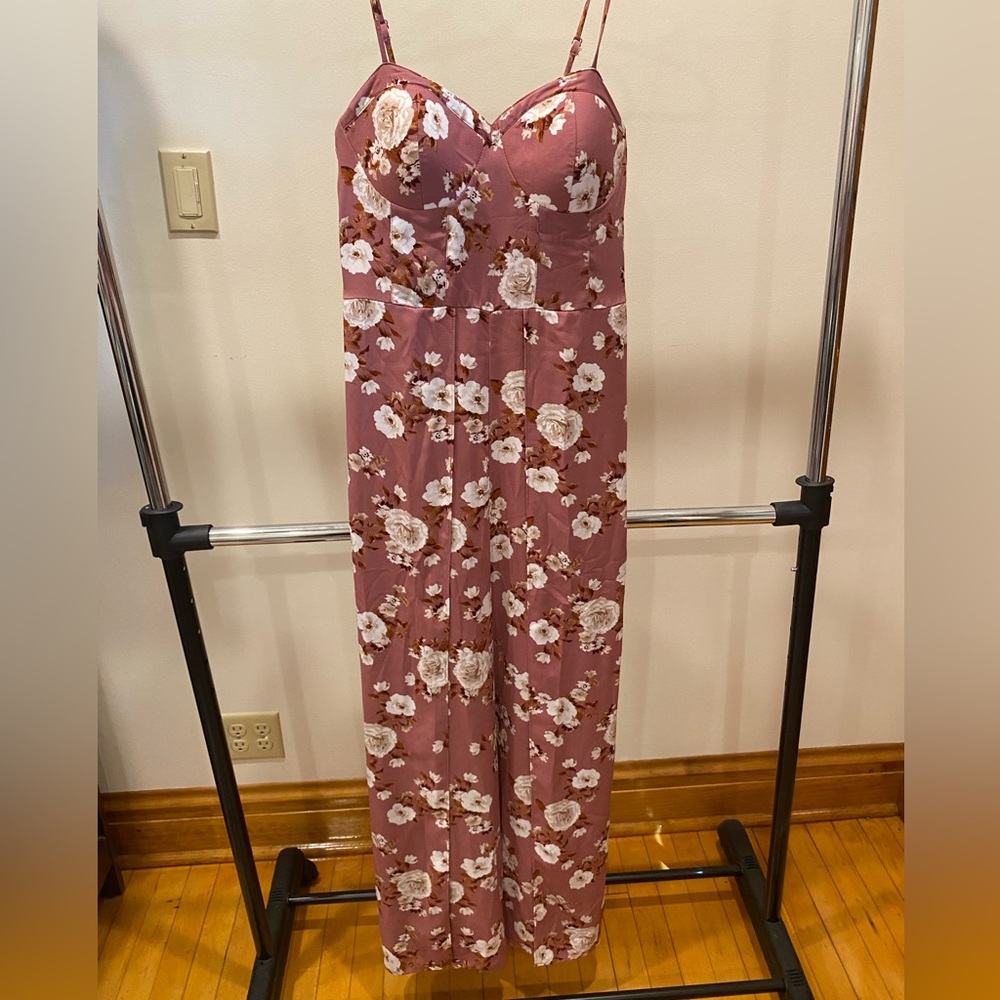 Pink and White Floral Jumpsuit with Leg Slit